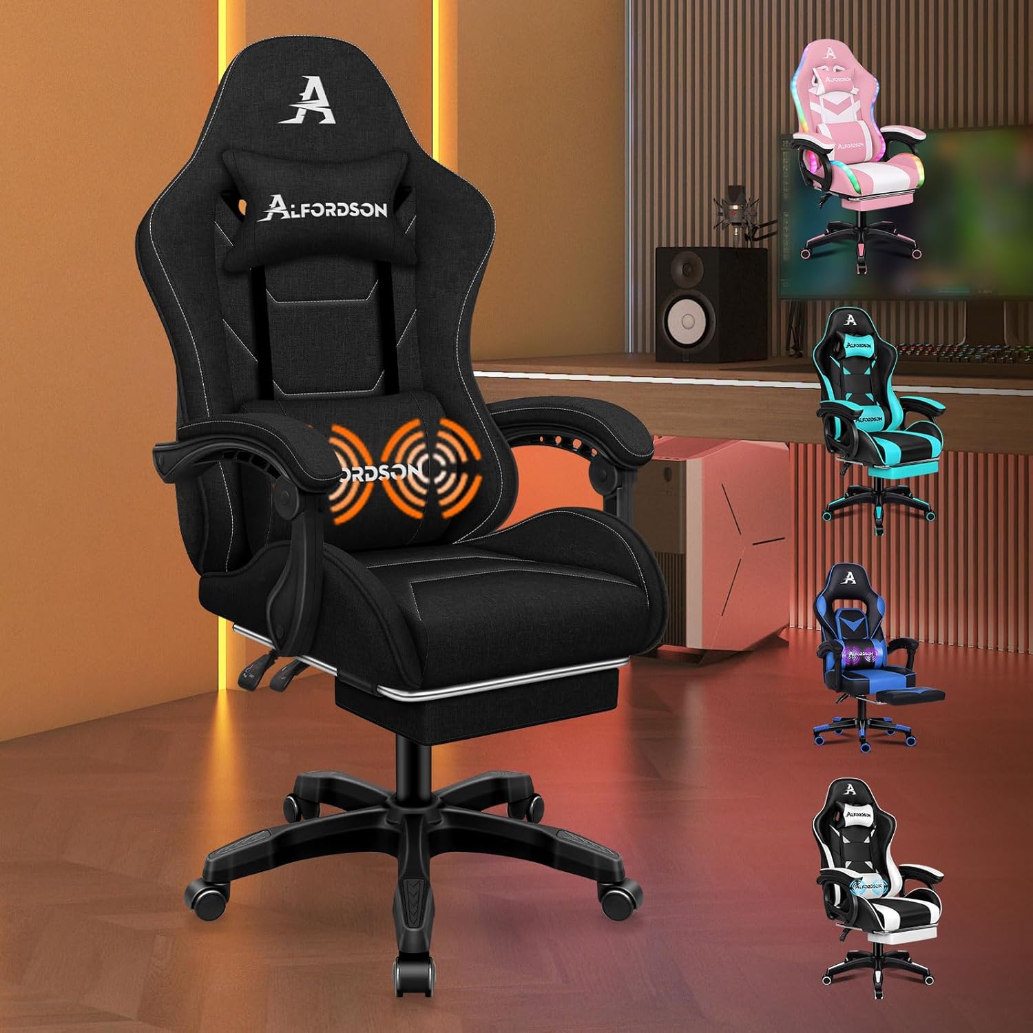 Gaming Chairs - ALFORDSON Office Chair, Gaming Chair, Massage Gaming Chair, Ergonomic Gamer Chair with Footrest, Headrest, Massage Lumbar Cushion, Padded, Swivel Chair Made of Linen Fabric, Black