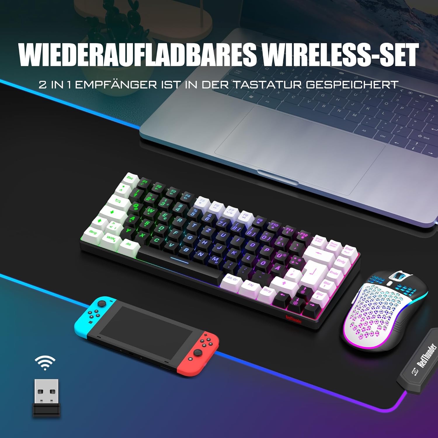 Gaming Tastatur & Maus - RedThunder 75% Wireless Gaming Keyboard and Mouse Set, DE TKL Layout, 85 Keys, Rechargeable Compact, Ultralight 7200DPI Mouse with Honeycomb Construction for PC, Mac, PS5, Xbox Gamer (Black/White) – Bild 2