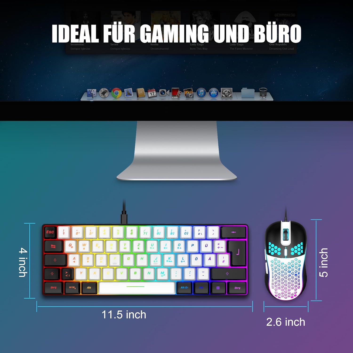 Gaming Tastatur & Maus - RedThunder K62 60% Wired Gaming Keyboard and Mouse Set, QWERTZ DE Layout, Ultralight with Honeycomb Construction for PC Mac PS5 Xbox Gamer (White - Black) – Bild 5