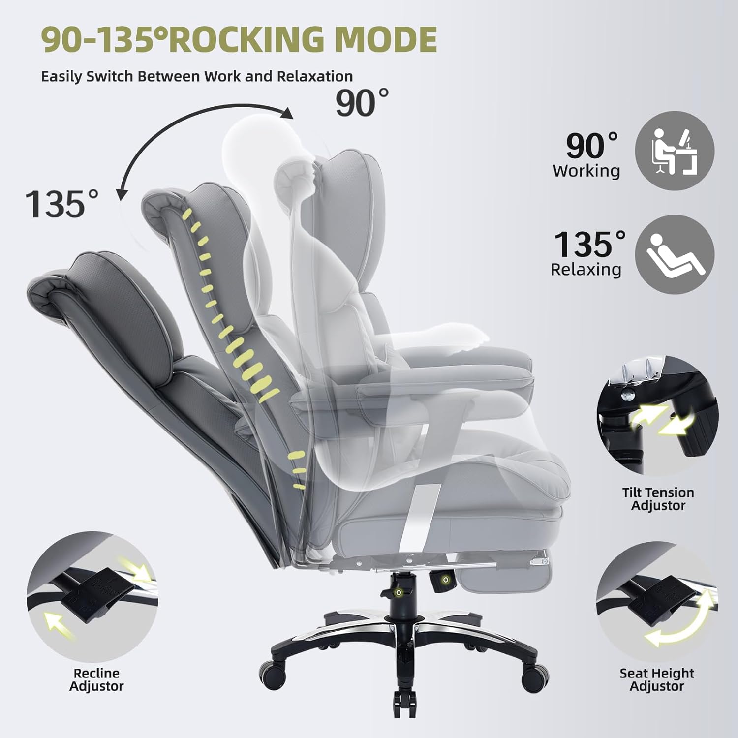 Gaming Chairs - Efomao Office Chair, X Embroidery Big and Tall PU Leather Chair for Home, Adjustable High-Backed Computer Gaming Chair, 200 kg Rotating Executive Chair with Footrest and Lumbar Support, Grey – Bild 5