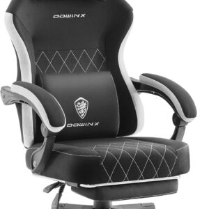 Gaming Chairs – Dowinx Gaming Chair Fabric with Spring Cushion, Massage Lumbar Support, Office Chair with Footrest for Adults, Ergonomic Gaming Armchair, Large and High for Office Gaming, 135 kg, Black