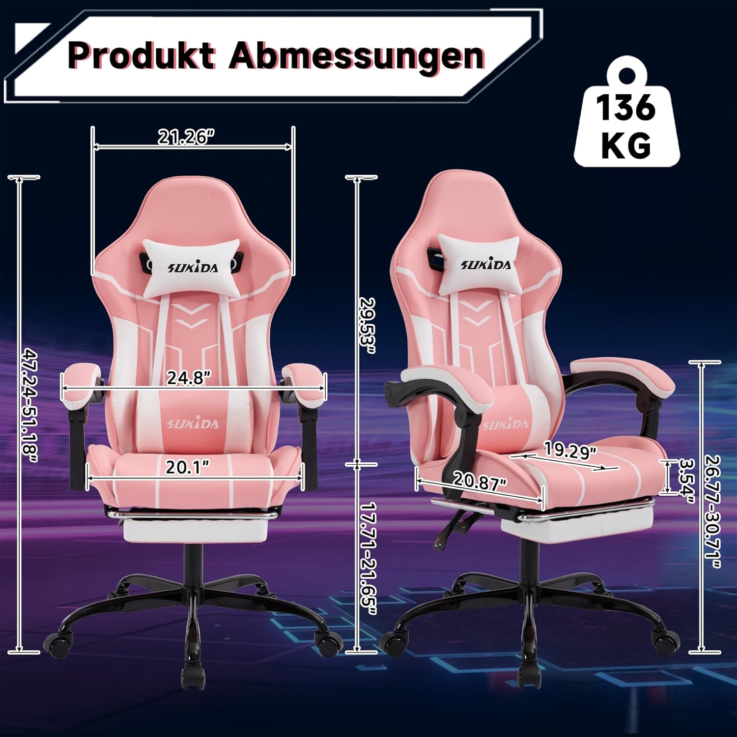 Gaming Chairs - SUKIDA Gaming Chair Computer Chair Ergonomic Gaming Chair with Footrest Office Chair Ergonomic Computer Chair with Lumbar Support Pink White – Bild 3