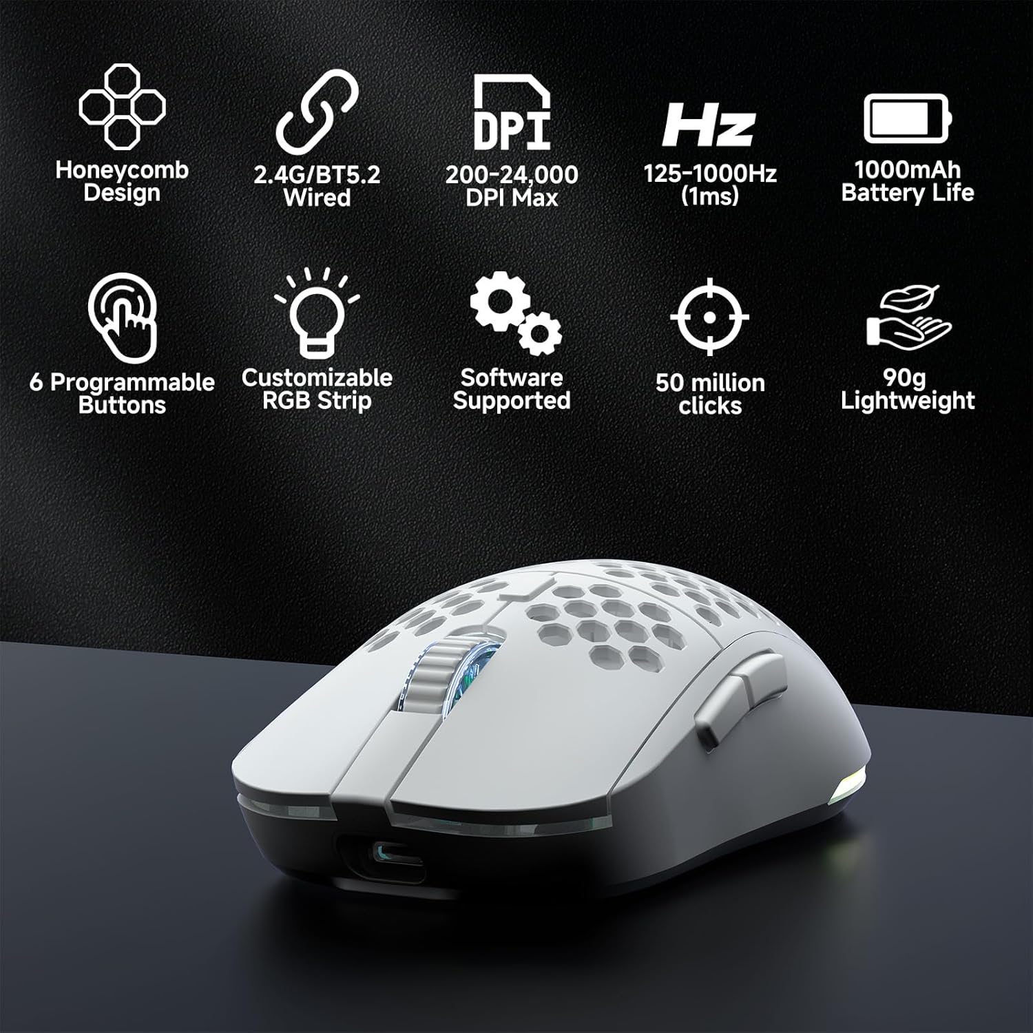 Gaming Tastatur & Maus - TMKB Falcon M1 Wireless Gaming Mouse - 24000 DPI, 180h Battery, 90g Lightweight Construction, 6 Programmable Buttons, RGB Lighting, 2.4G/BT5.2/USB-C for PC/Mac/Laptop, White – Bild 2