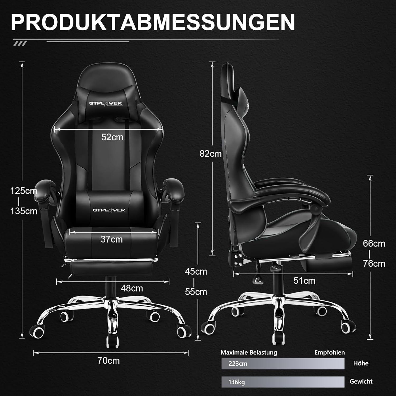 Gaming Chairs - GTPLAYER Office Chair Gaming Chair Massage Gaming Chair Ergonomic Gamer Chair with Footrest Headrest Massage Lumbar Cushion Padded Game Chair Swivel Chair Black – Bild 2