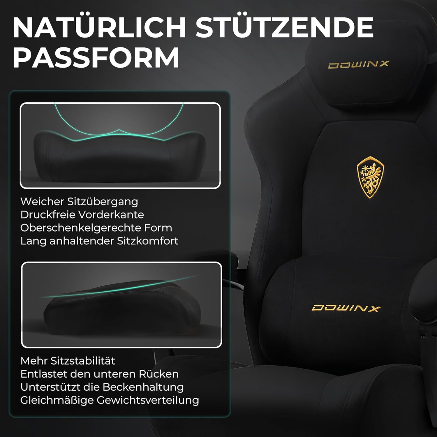 Gaming Chairs - Dowinx Ergonomic Gaming Chair with Massage Lumbar Cushion, Height-Adjustable Headrest, Thickened Seat Padding, Extendable Footrest, Adjustable Armrests, Microfibre Velour, 160° Tilt, Black – Bild 5