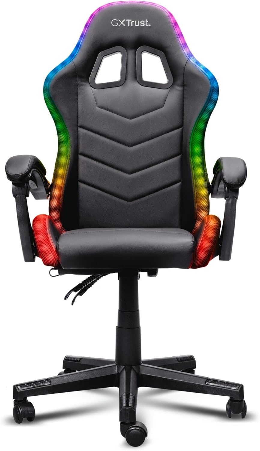 Gaming Chairs - GXTrust 704 Roniq Gaming Stuhl LED, 178 Farben und Effekten, Gepolsterte Armlehnen, Verstellbare Höhe und Rückenlehne, Gaming Chair Schreibtischstuhl mit RGB-Beleuchtung, Schwarz – Bild 9