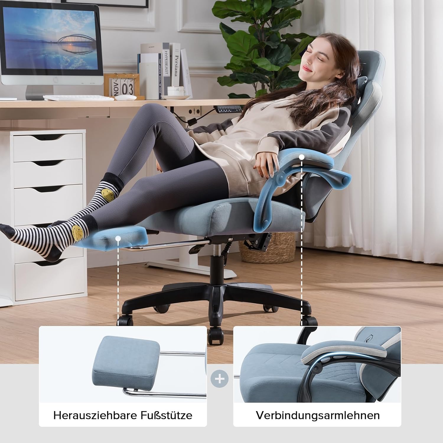 Gaming Chairs - GTPLAYER Gaming Chair, Ergonomic Gaming Chair, Desk Chair with Fabric Surface, Spring Seat Cushion, Connecting Armrests and Footrest, Light Blue – Bild 8