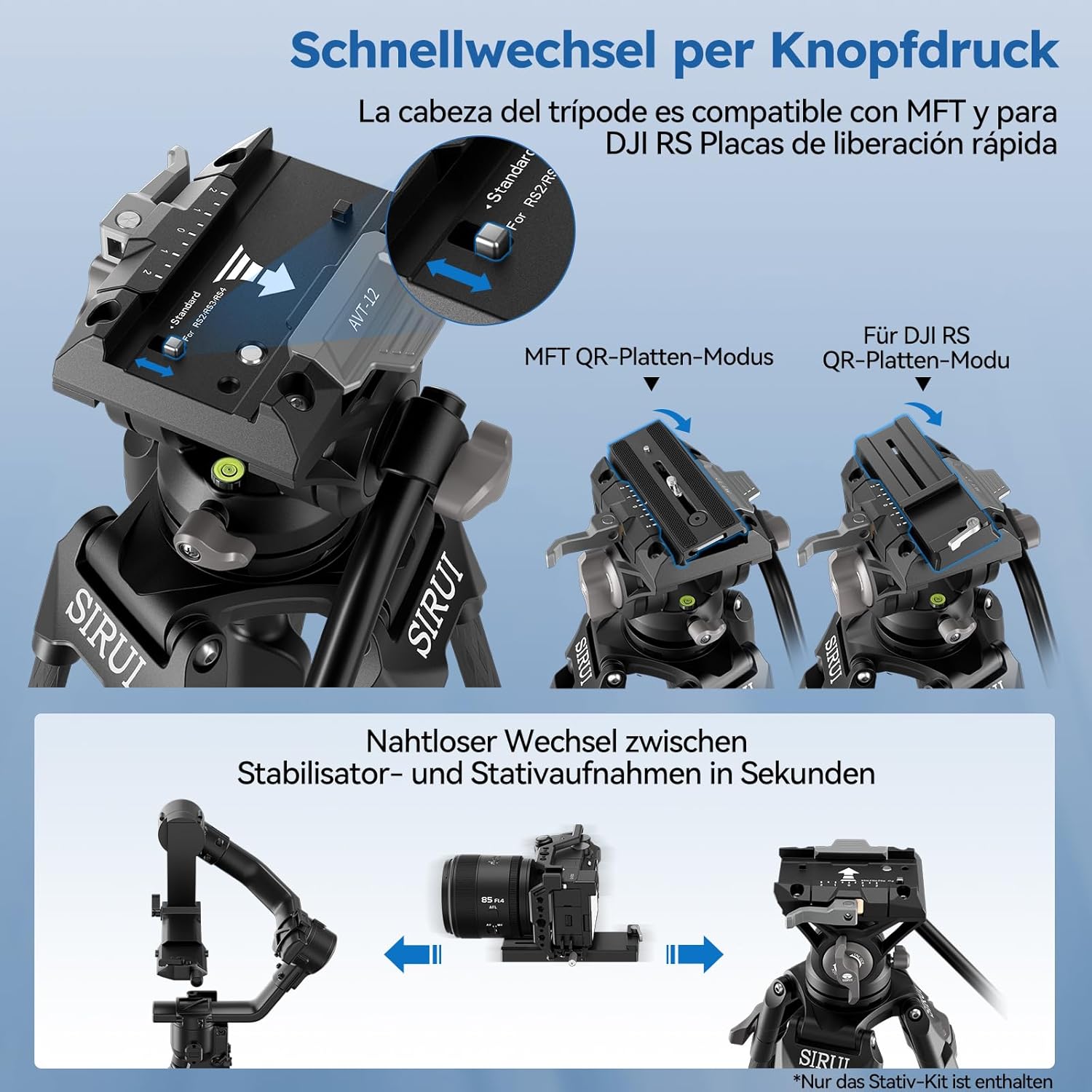 Streaming-Equipment - SIRUI AVT-12 Carbon Video Tripod with Liquid Head, 185 cm Professional Camera Tripod, Quick Release Plate, Load Capacity 15 kg, Lightweight (3.3 kg) for DSLR, Camcorder, Live Streaming – Bild 7