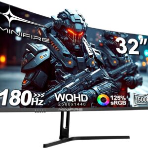 Gaming PC & Gaming Monitors – Minifire MFG32C3Q Gaming Curved Monitor 32 Inch 180Hz, 2K WQHD (2560 x 1440), 1500R, 1ms (MPRT), AMD FreeSync, sRGB 125%, VESA, 2xHDMI 2.0 / 2xDP (180Hz), Eye Care