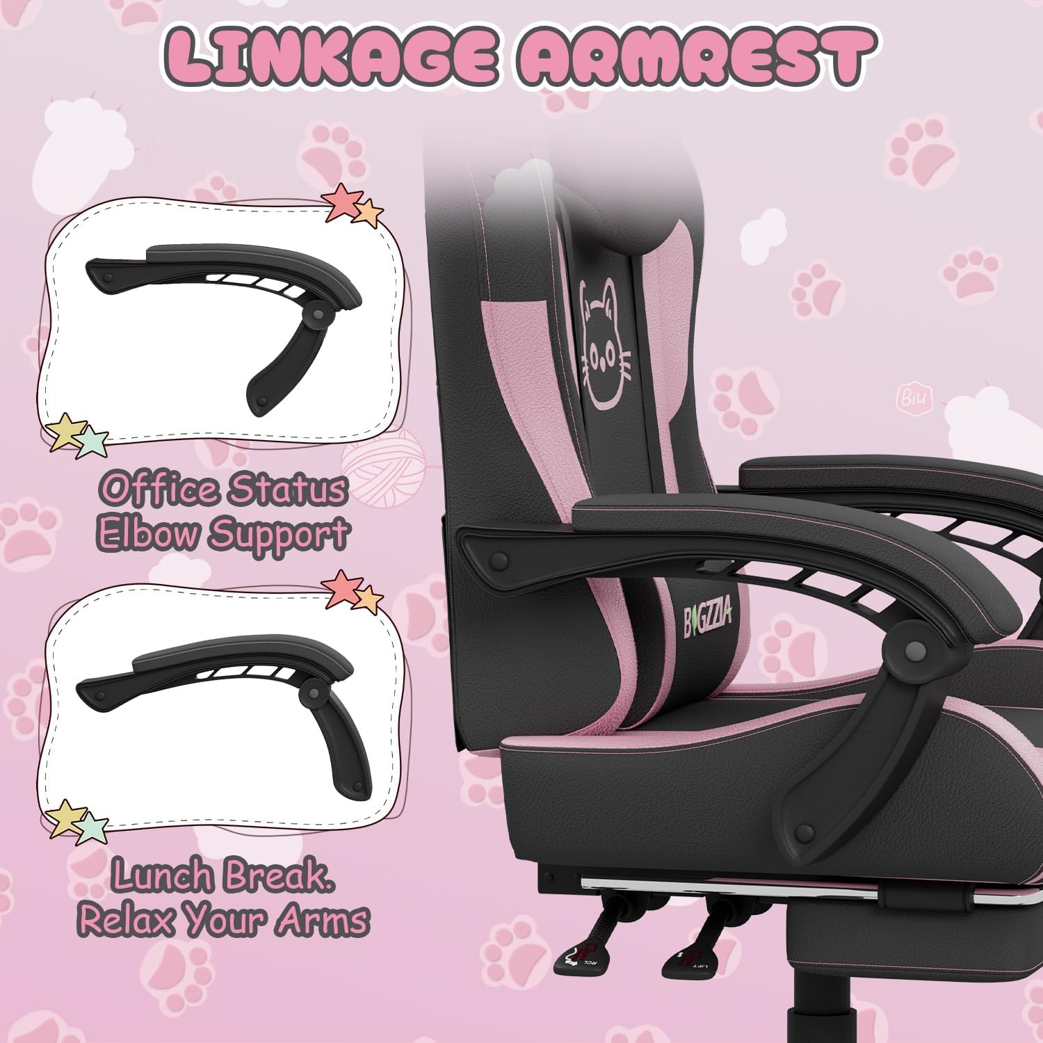 Gaming Chairs - bigzzia Gaming Chair with Massage Function and Footrest - Ergonomic Gaming Chair for Girls & Adults, Gamer Chair Head & Lumbar Support with Cat Ears (Black/Pink) – Bild 8