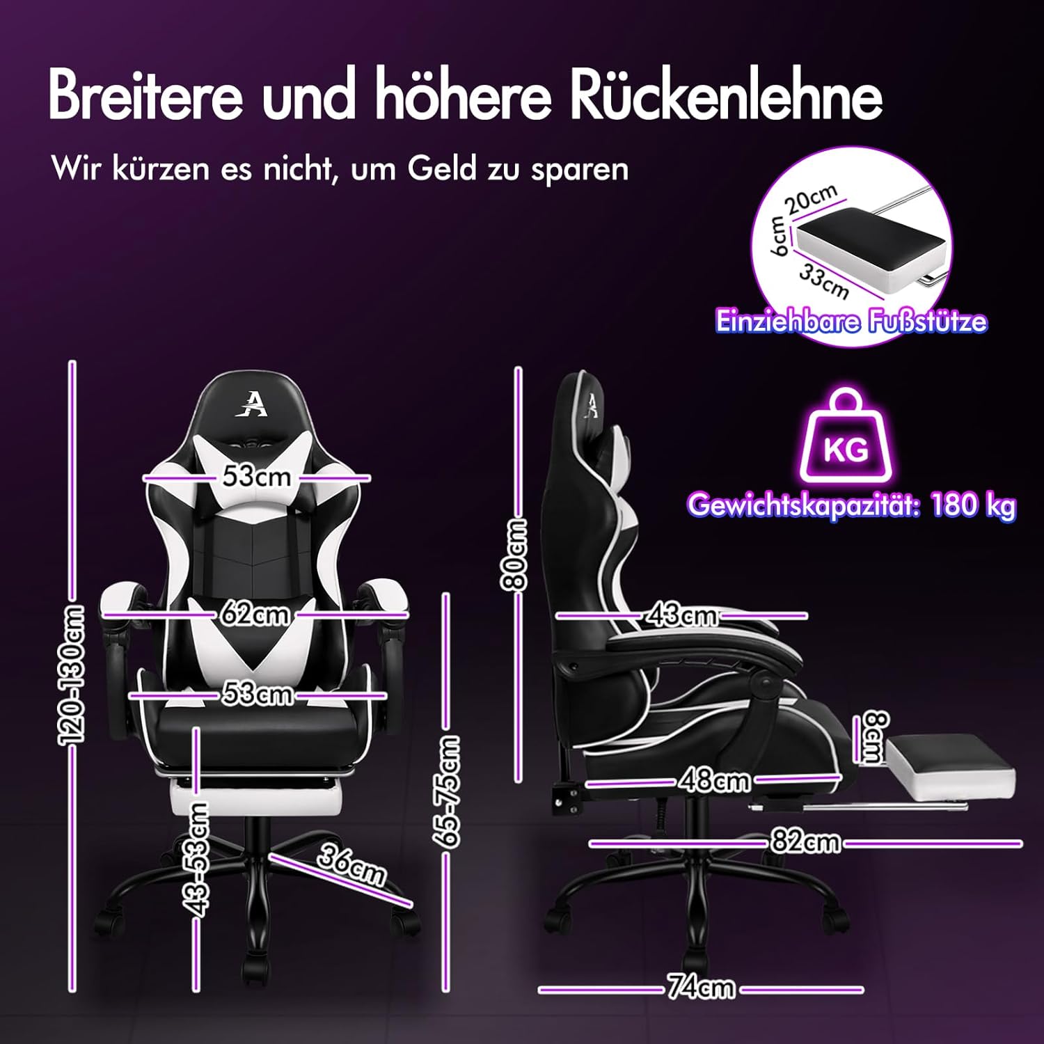 Gaming Chairs - ALFORDSON Gaming Massage Chair, Racing Chair with Headrest, Ergonomic Desk Chair, Recliner Chair, Folding Footrest, Breathable PU Leather, Height Adjustable, 180kg Load Capacity, White – Bild 2