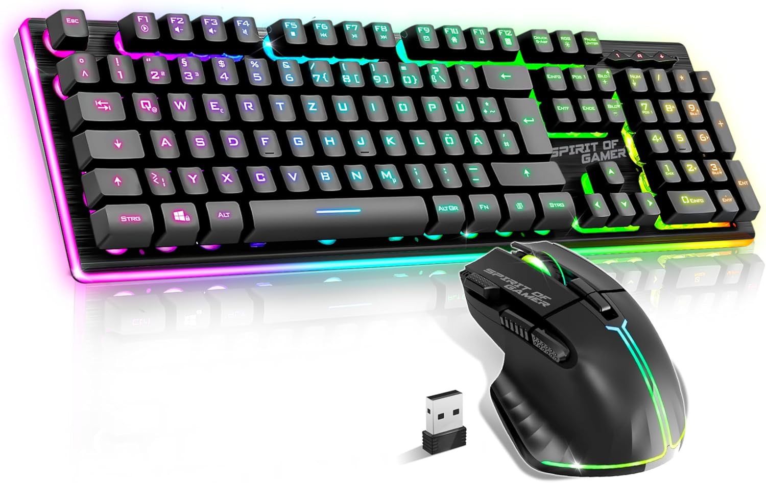 Gaming Tastatur & Maus - SPIRIT OF GAMER x Ultimate 600 Gaming Keyboard Mouse Set Wireless Black Rechargeable RGB DE Layout Semi Mechanical Aluminium Plate 4800 DPI Wireless Mouse for PS5, PS4, PC, Xbox