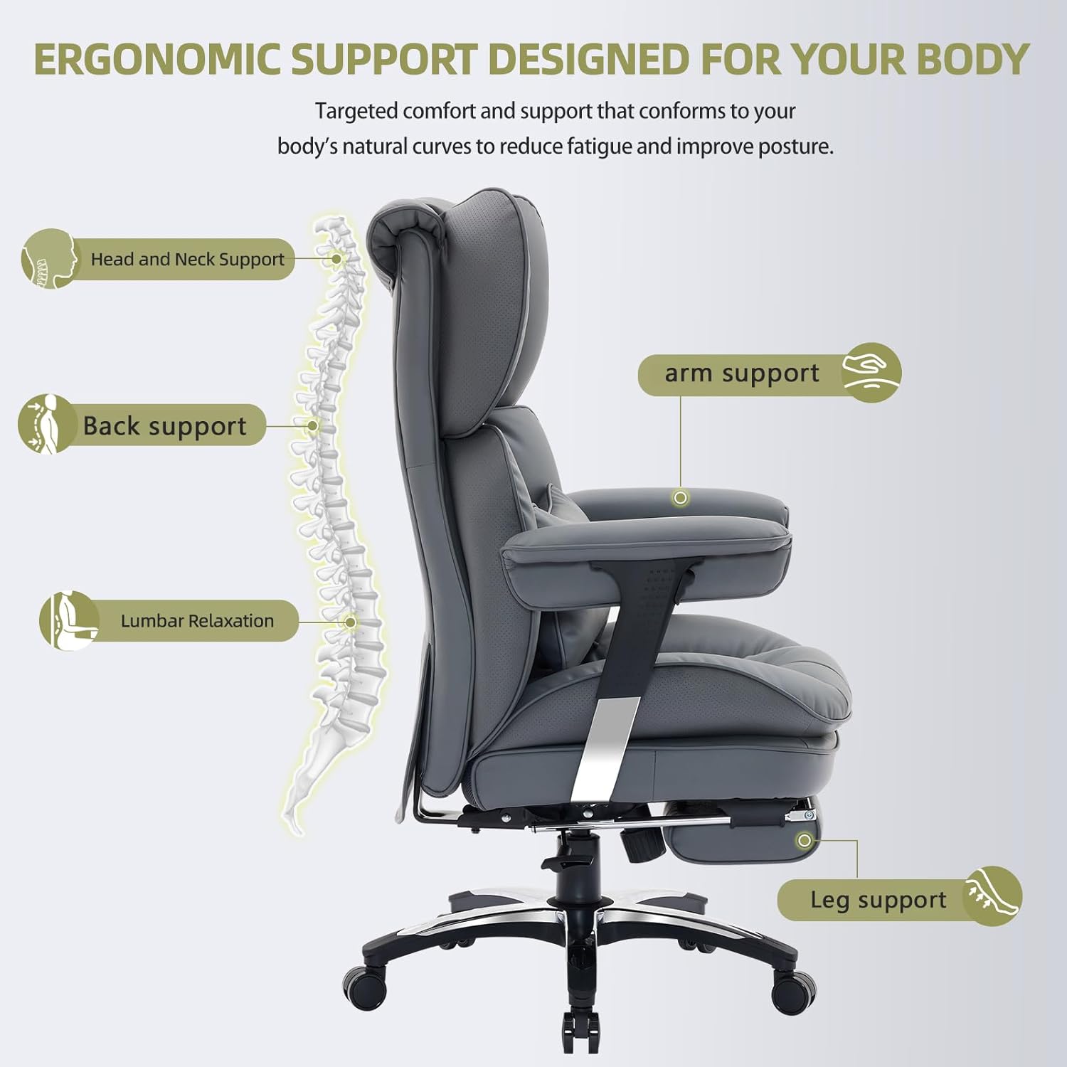 Gaming Chairs - Efomao Office Chair, X Embroidery Big and Tall PU Leather Chair for Home, Adjustable High-Backed Computer Gaming Chair, 200 kg Rotating Executive Chair with Footrest and Lumbar Support, Grey – Bild 6