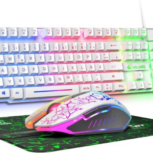 Gaming Tastatur & Maus – Wired White Gaming Keyboard with Mouse German Layout QWERTZ Wired Keyboard LED RGB Backlight 2400 DPI 6 Button Mouse Keyboard and Mouse Compatible with PC PS5 PS4 Xbox