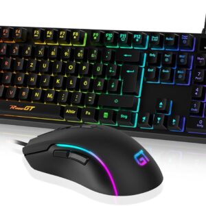 Gaming Tastatur & Maus – Mouse and Keyboard Gaming Office, RaceGT Keyboard Cable RGB Illuminated LED Backlight Waterproof 104 Keys Cable Mouse with 7 Buttons 6400 DPI for PC Gamer Laptop QWERTZ (German Layout)