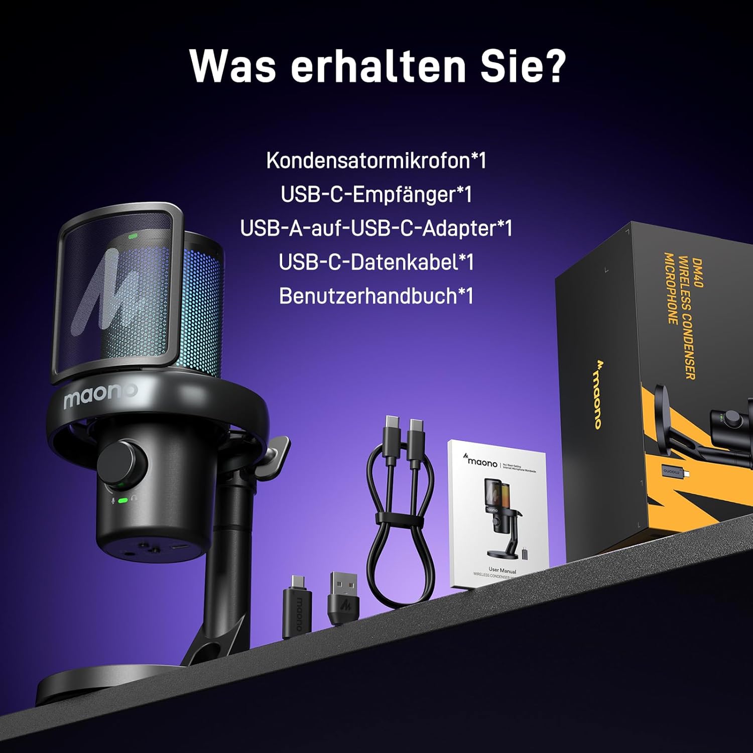 Streaming-Equipment - MAONO Wireless Microphone for PC, Microphone PC with Software AI Voice Change, 3-Stage Noise Reduction, Custom RGB Light, Mute for Gaming, Podcasting, Streaming, DM40 Pro Black – Bild 9