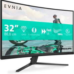 Gaming PC & Gaming Monitors – Philips Evnia 32M2C3500L – 32 Inch QHD Curved Gaming Monitor, 180 Hz, 0.5 ms, FreeSync Premium, HDR10 (2560 x 1440, 2 x HDMI, DisplayPort) Dark Grey
