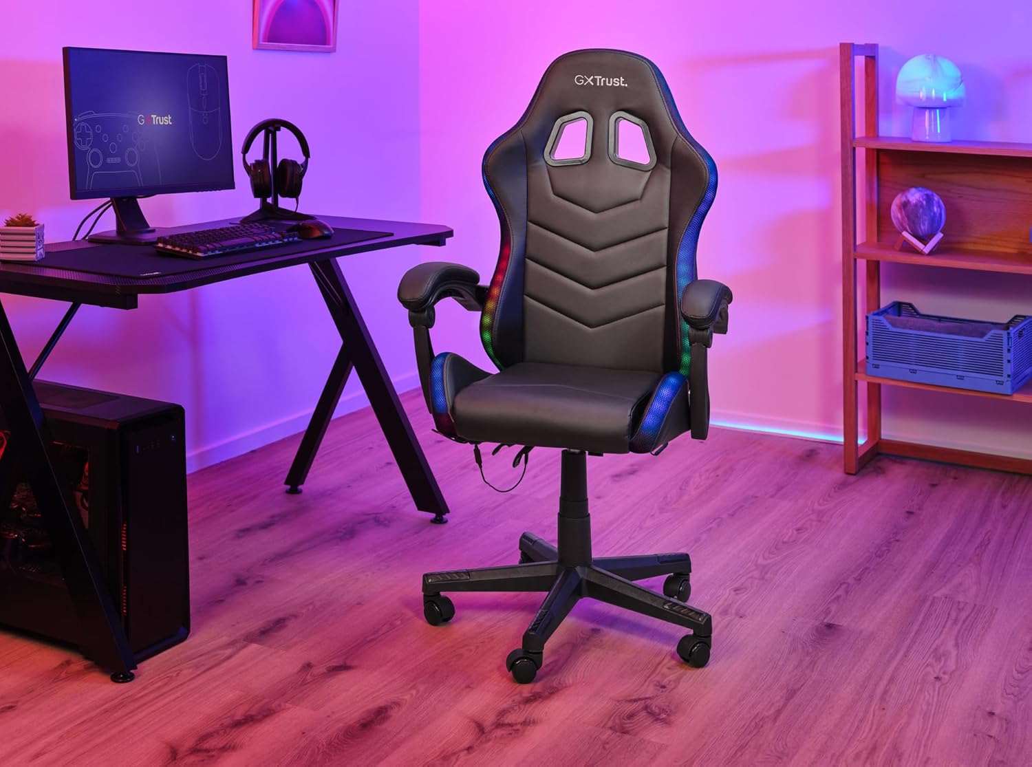 Gaming Chairs - GXTrust 704 Roniq Gaming Stuhl LED, 178 Farben und Effekten, Gepolsterte Armlehnen, Verstellbare Höhe und Rückenlehne, Gaming Chair Schreibtischstuhl mit RGB-Beleuchtung, Schwarz – Bild 2
