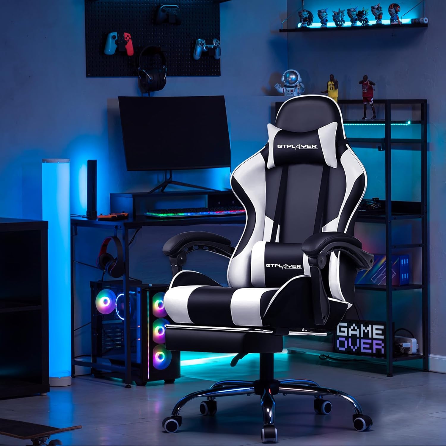Gaming Chairs - GTPLAYER Gaming Chair Office Chair Massage Gaming Chair Ergonomic Gamer Chair with Footrest Headrest Massage Lumbar Cushion Padded Gaming Chair Swivel Chair White – Bild 5