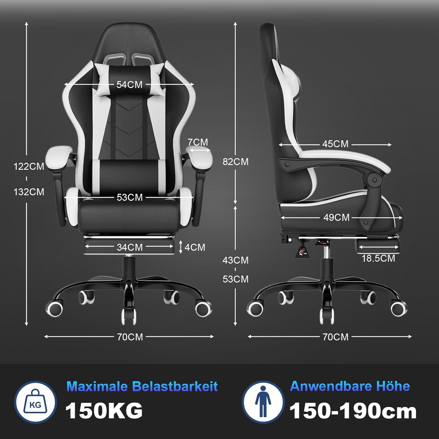 Gaming Chairs - JUMMICO Gaming Chair Massage, Office Chair Ergonomic with Massage Lumbar Cushion, Gamer Chair Adjustable Backrest 90-135° and Footrest, Gaming Chair 150 kg Load Capacity, White – Bild 3