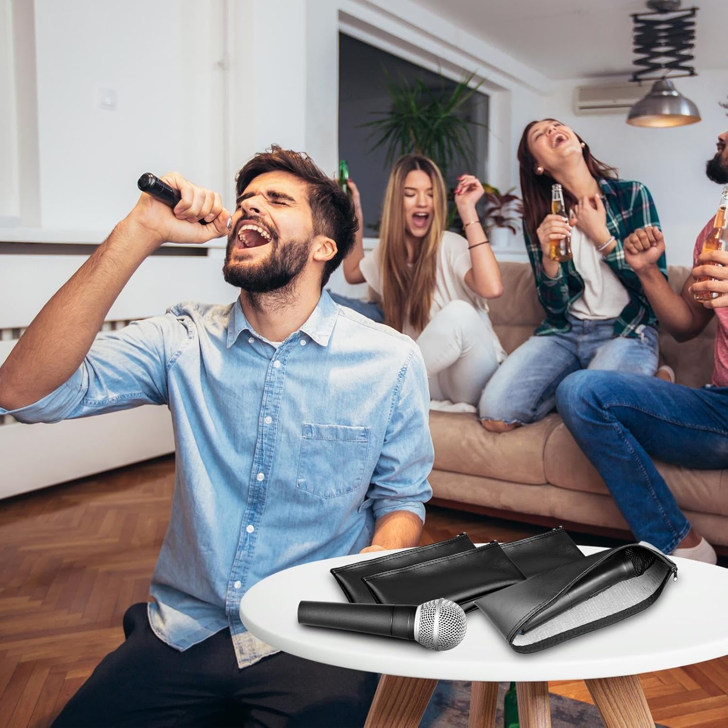 Streaming-Equipment - Microphone Bag, 4X Microphone Storage Bags Set, Dustproof Shockproof PU Leather Drawstring and Zipper Cover for Karaoke Recording Streaming Live Performance DJ Party Events Equipment Protection – Bild 2