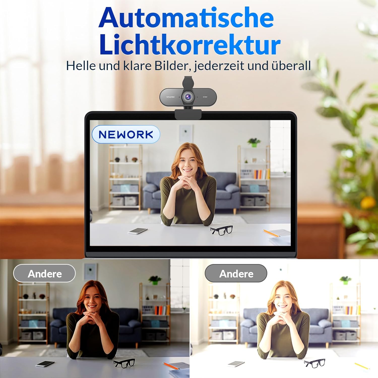 Webcam - 4K Webcam with PDAF & CDAF Dual Auto Focus, Ultra HD 4K, 2 Noise Reduction Microphones, Automatic Light Correction, USB-A, Privacy Cover, Streaming for PC/Mac/Laptop – Bild 4