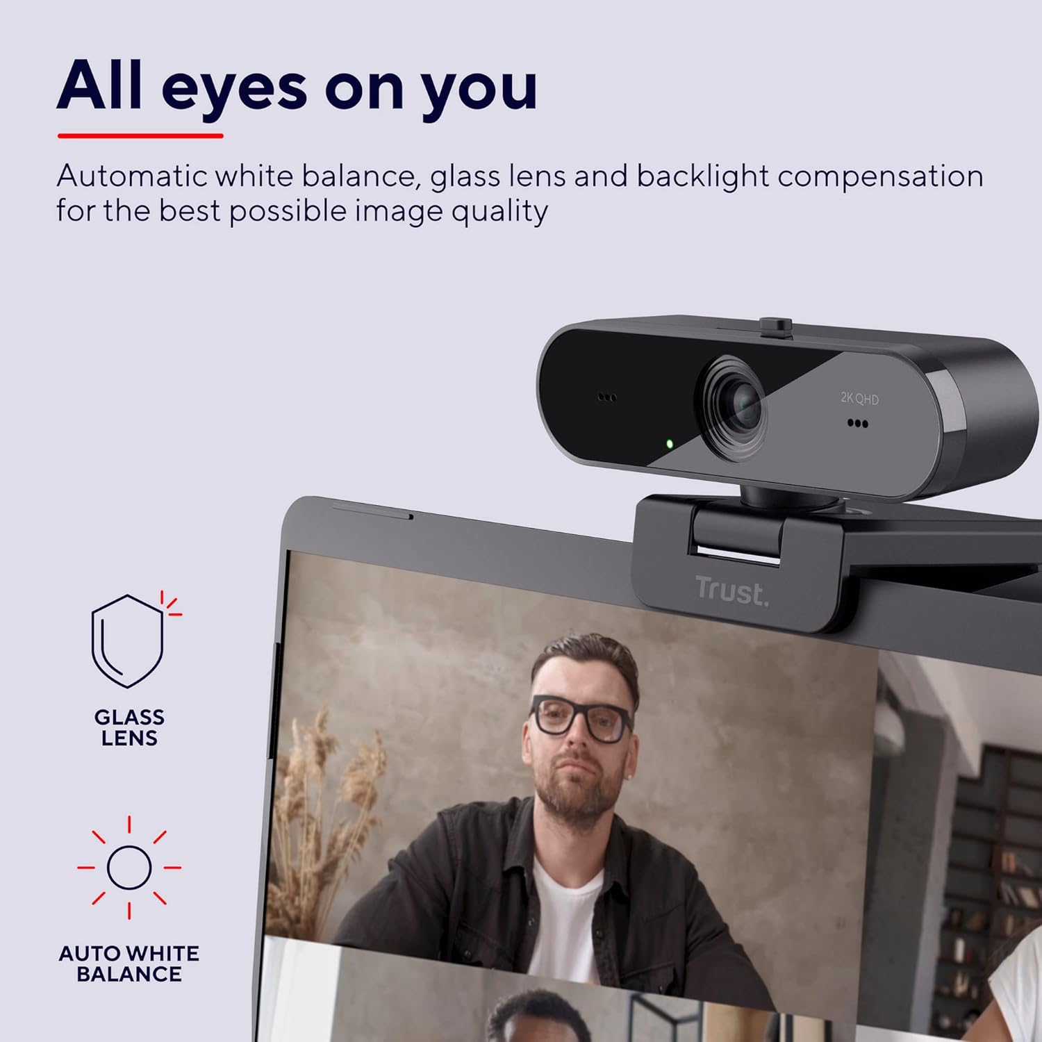 Webcam - Trust Taxon 2K QHD Webcam Made of 85% Recycled Plastic, 2560 x 1440p USB Camera PC with Cover, Auto Focus, Wide Angle, 2 Microphones, Video Camera for Conferences, Video Calls, Skype, Teams, Zoom – Bild 3