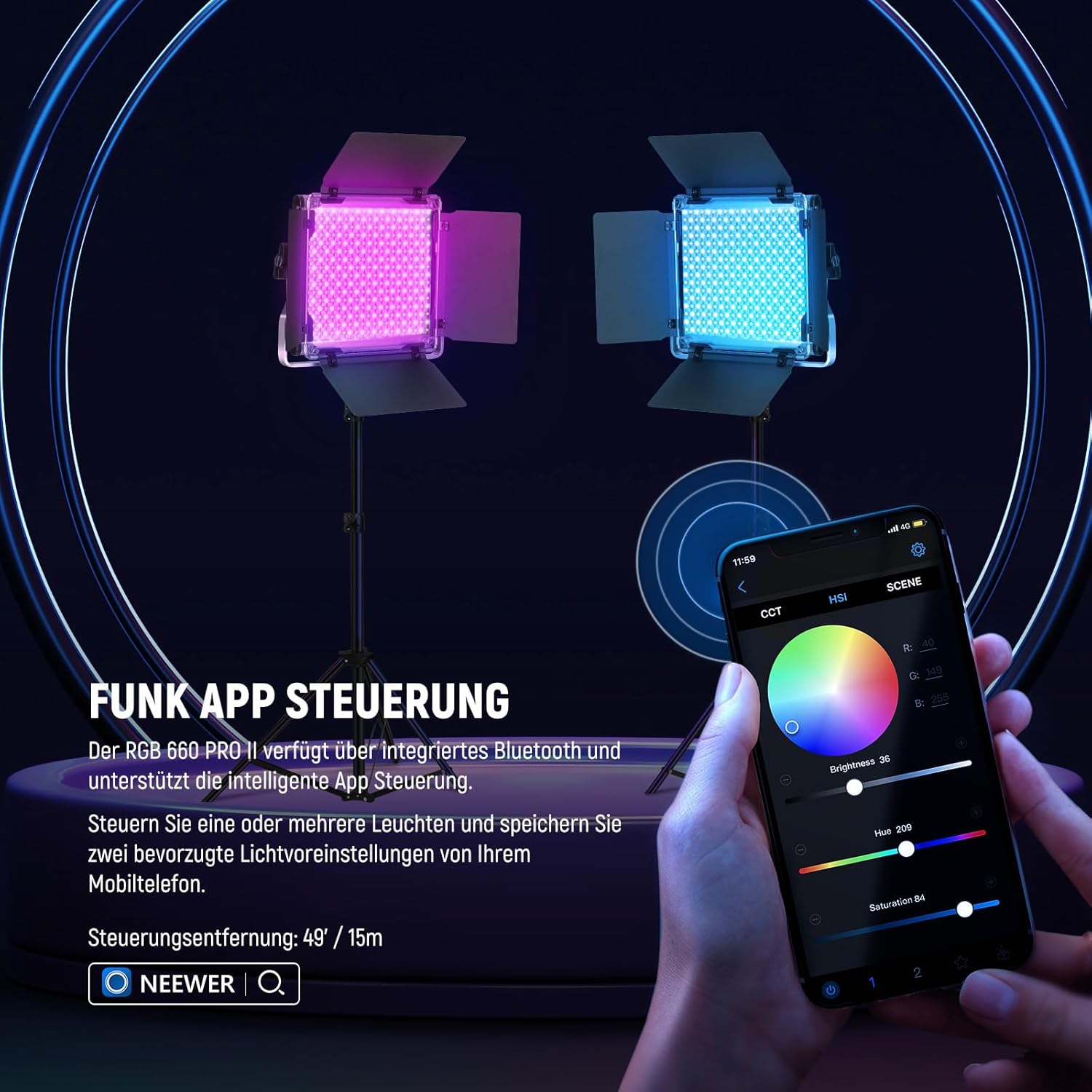 Streaming-Equipment - NEEWER Upgraded RGB LED Studio Video Light with Tripod Stand, App Control 50W 7000Lx CRI97+ 3200-5600K Dimmable Panel Key Light Set for Game Streaming, YouTube Recording, Photography, RGB660 PRO II – Bild 4