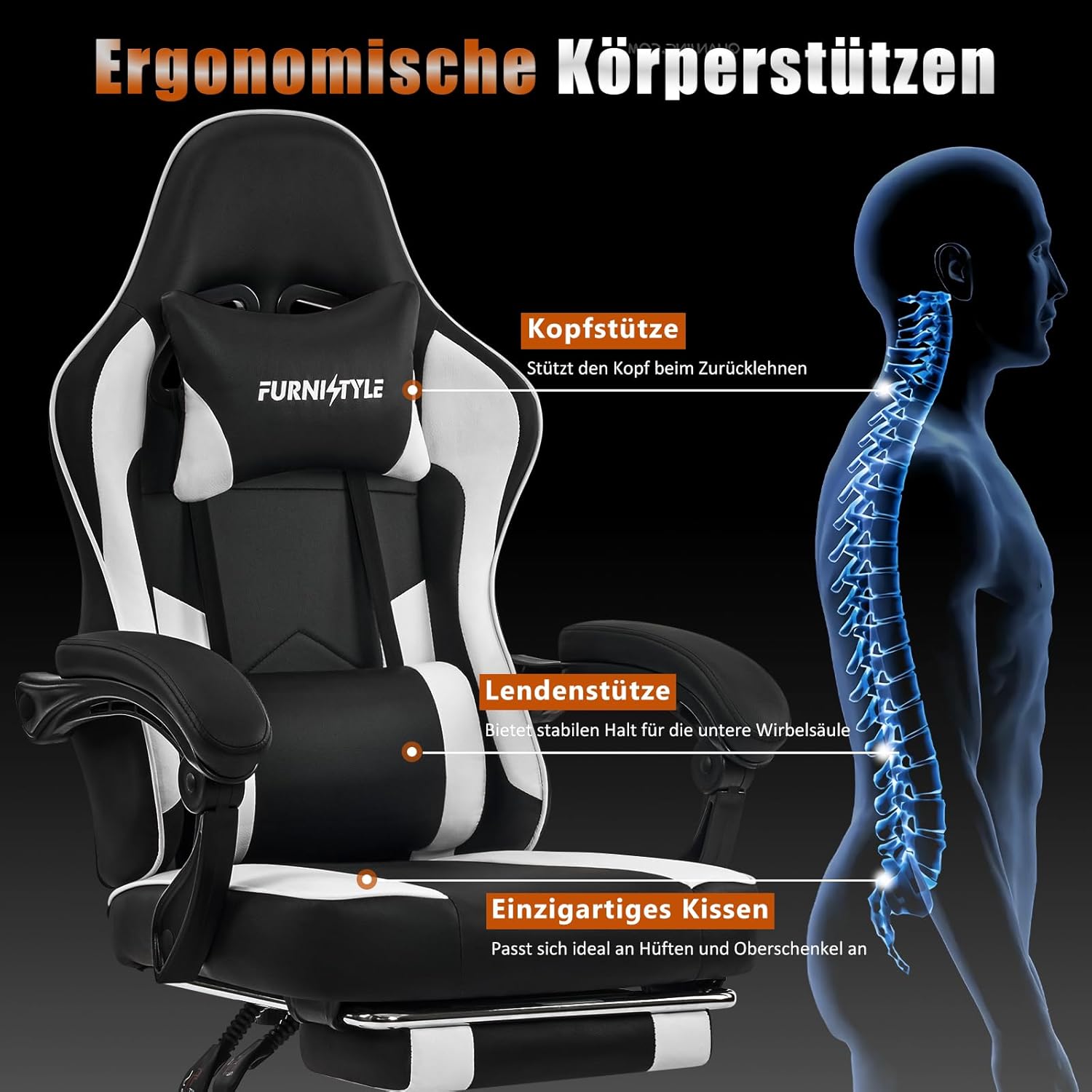 Gaming Chairs - Hellove Gaming Chair with Footrest, Ergonomic Gaming Chair, Video Game Chair with Lumbar Support, Adjustable Armrests for Adults and Teenagers, PU Black/White – Bild 4