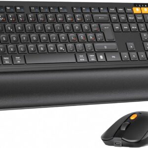 Gaming Tastatur & Maus – ProtoArc Wireless Bluetooth Keyboard Mouse Set, KM60 Full-Size Keyboard and Mouse with Wrist Rest, 2.4GHz + Dual Bluetooth, Rechargeable, QWERTZ German, for PC, Computer, Mac, Windows, Black