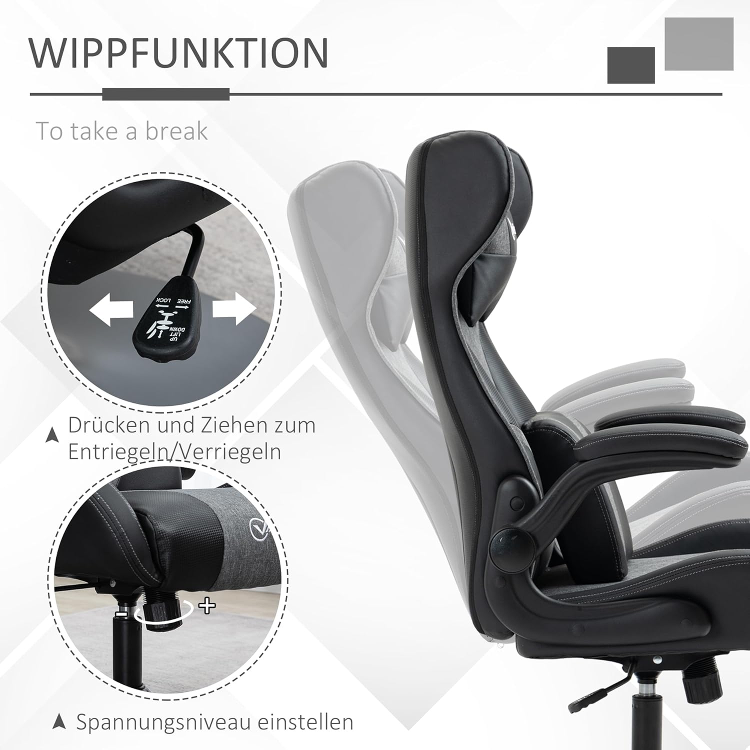 Gaming Chairs - Vinsetto Gaming Chair Ergonomic Gamer Chair with Adjustable Armrest, Lumbar Support, Pillow Height Adjustable Gaming Chair with Rocker Function, Faux Leather, Linen Look, Black + Grey – Bild 5