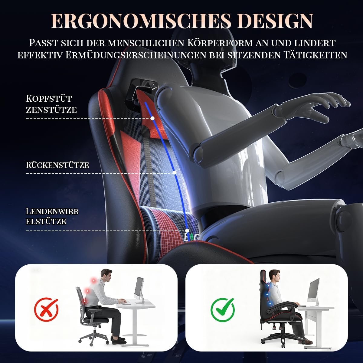 Gaming Chairs - Gaming Chair, Gamer Chair with Footrest, Headrest, Lumbar Cushion, 90° - 155° Height Adjustment, Tilt, 130 kg Load Capacity, PC Gaming Chair for Children, Teenagers, Adults (Black Red) – Bild 7