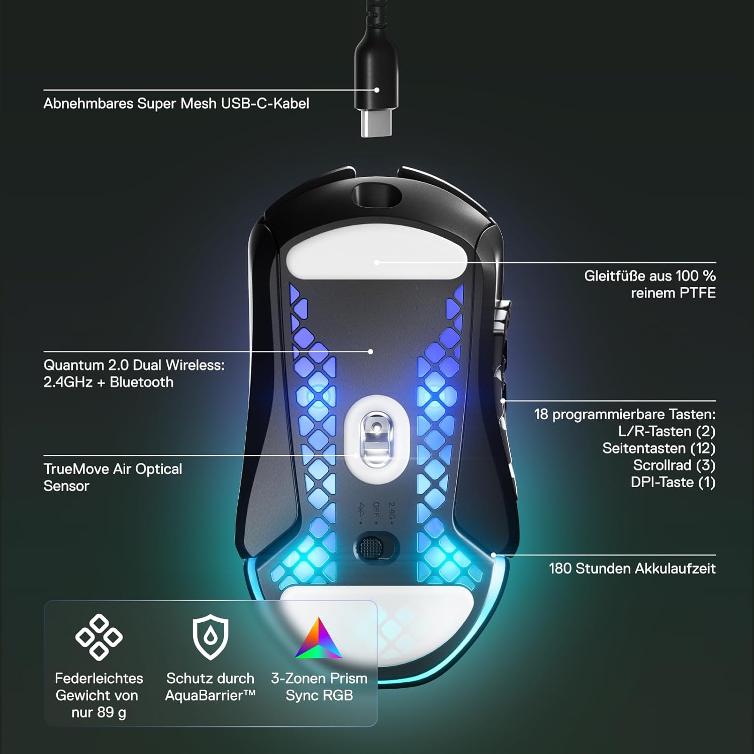 Gaming Tastatur & Maus - SteelSeries Aerox 9 Wireless - RGB Gaming Mouse with Openings in the Surface - Feather-Light, Water-Repellent Design - 18 Buttons - Bluetooth/2.4 GHz - Optical TrueMove Air Sensor with 18,000 DPI – Bild 4