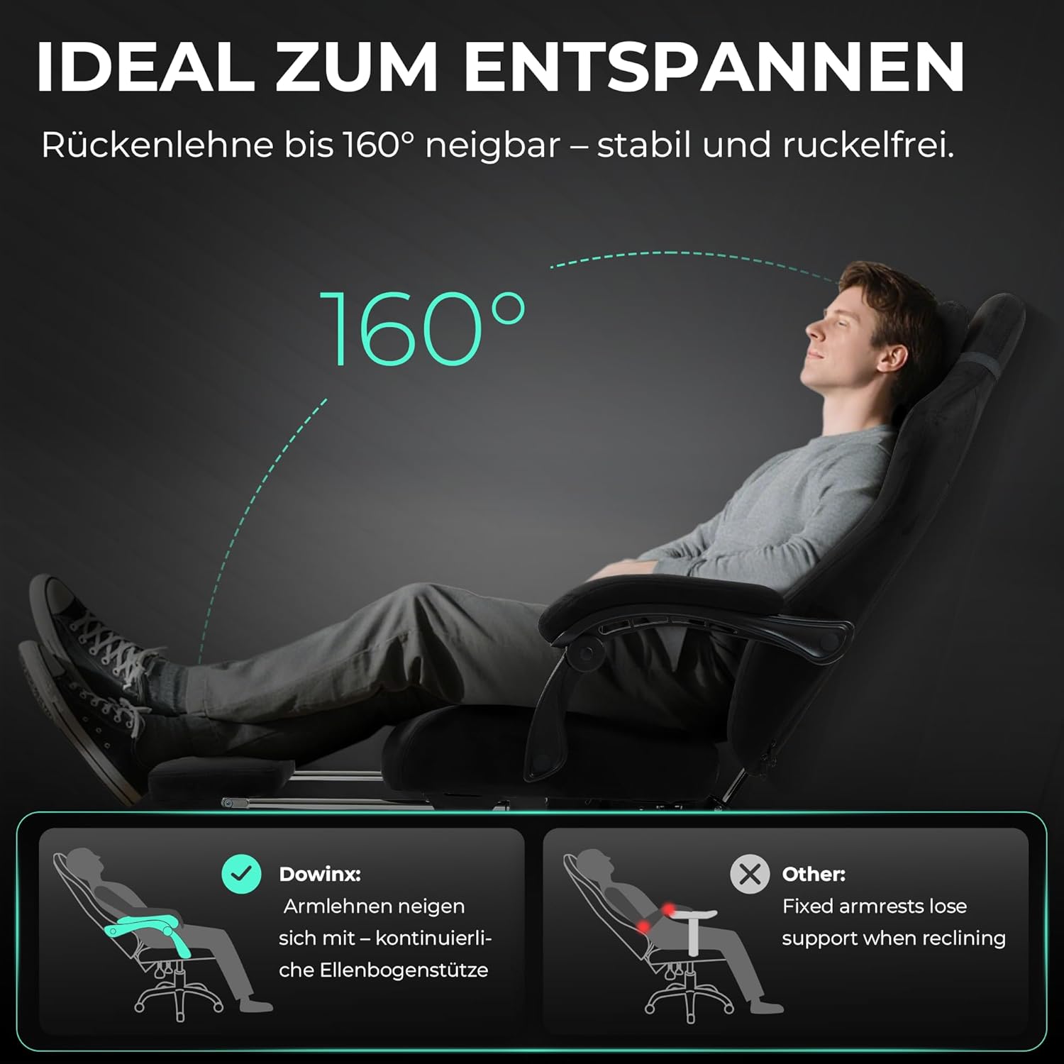 Gaming Chairs - Dowinx Ergonomic Gaming Chair with Massage Lumbar Cushion, Height-Adjustable Headrest, Thickened Seat Padding, Extendable Footrest, Adjustable Armrests, Microfibre Velour, 160° Tilt, Black – Bild 9