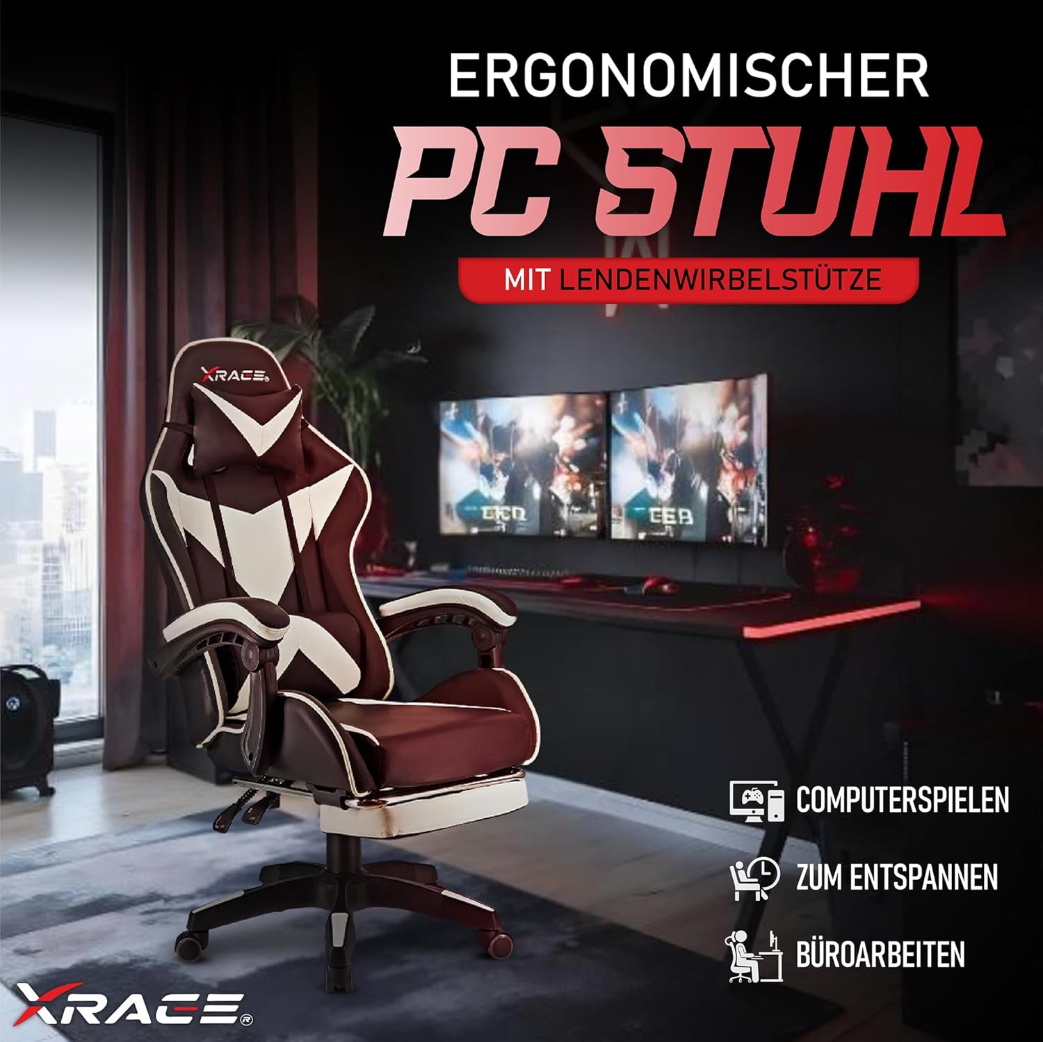 Gaming Chairs - xRace Gaming Chair, Office Chair, Ergonomic PC Chair, Leather Gaming Chair with Lumbar Support, Adjustable Rotatable, Task Chairs with Footrest and Headrest, White – Bild 4