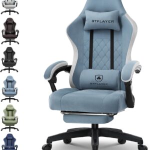 Gaming Chairs – GTPLAYER Gaming Chair, Ergonomic Gaming Chair, Desk Chair with Fabric Surface, Spring Seat Cushion, Connecting Armrests and Footrest, Light Blue