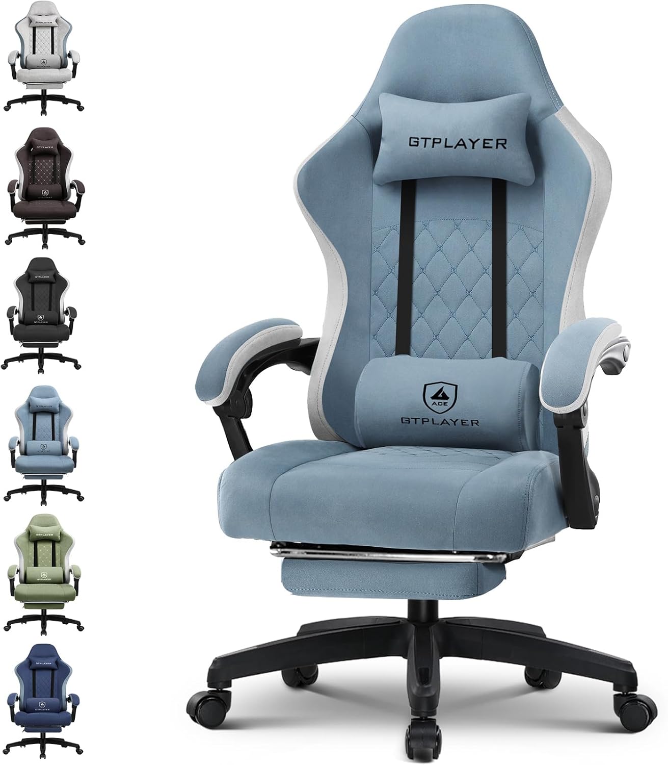 Gaming Chairs - GTPLAYER Gaming Chair, Ergonomic Gaming Chair, Desk Chair with Fabric Surface, Spring Seat Cushion, Connecting Armrests and Footrest, Light Blue