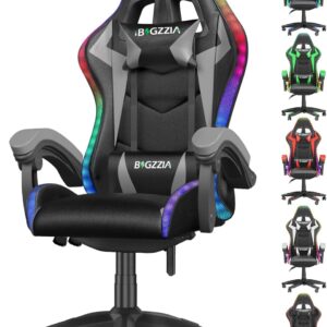 Gaming Chairs – LED Gaming Chair, with Shimmering Light Bar, with Headrest, Lumbar Support, Adjustable Height and Tilt, 130 kg Load Capacity, Desk Chair for Gaming and Office, Black-Grey