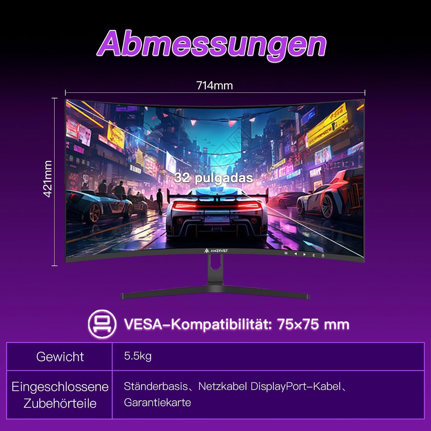 Gaming PC & Gaming Monitors - Amzfast 32 Inch Curved Gaming Monitor (240Hz, 1920x1080, 1ms MPRT, 1500R), Adaptive Sync, 90% DCI-P3, 120% sRGB, 300cd/m², HDMI 2.0 & DisplayPort 1.4 (AMZG32C3F) – Bild 8