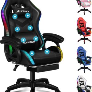 Gaming Chairs – ALFORDSON Gaming Chair, Racing Gamer Chair with LED RGB Lighting, Massaging Computer Chair with Footrest, Ergonomic Swivel Chair with Lever-Operated Backrest, Black