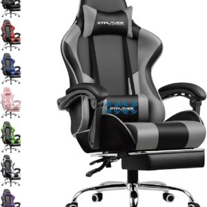 Gaming Chairs – GTPLAYER Office Chair, Gaming Chair, Massage Gaming Chair, Ergonomic Gamer Chair with Footrest, Headrest, Massage Lumbar Cushion, Padded Gaming Chair, Swivel Chair, Grey