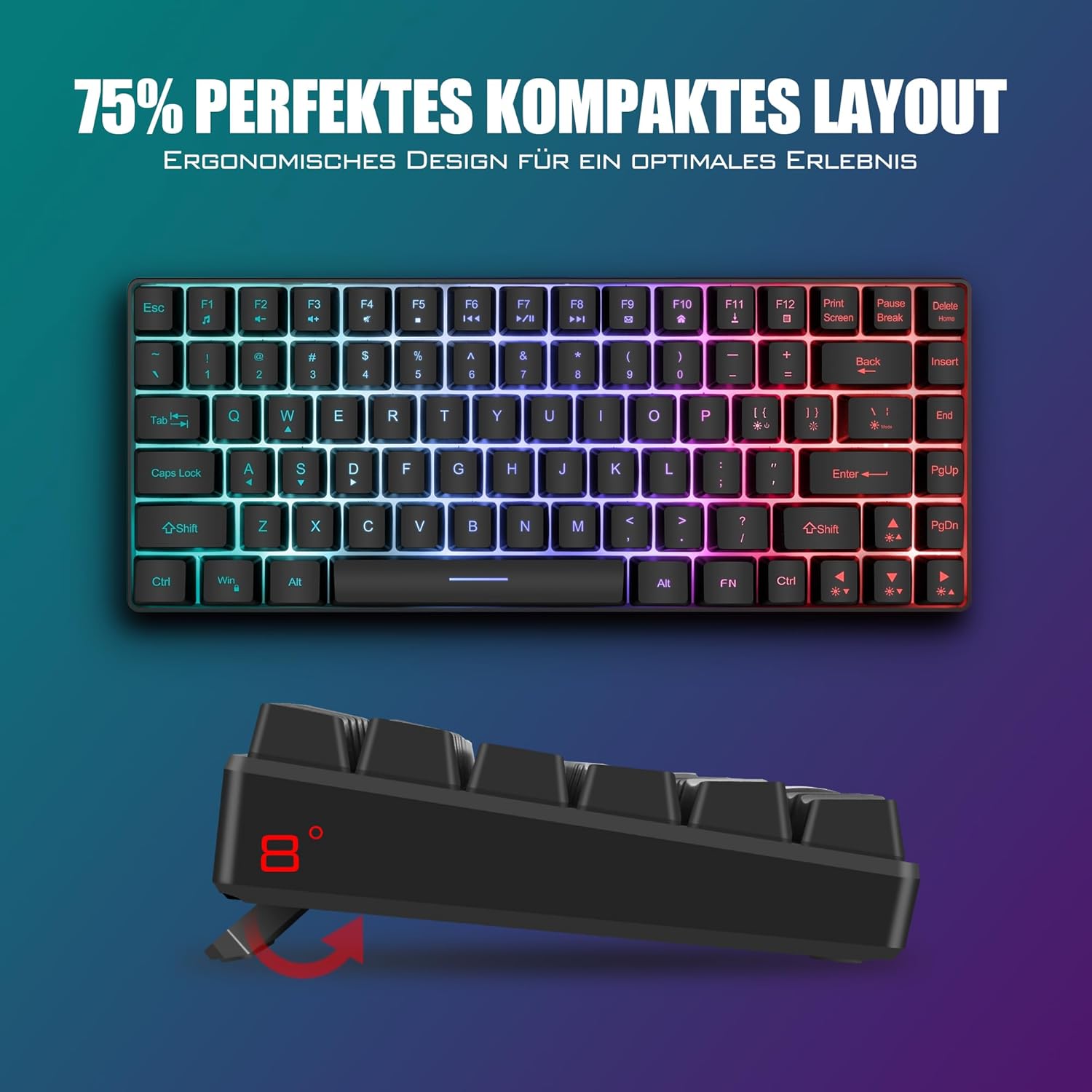 Gaming Tastatur & Maus - RedThunder 75% Wireless Gaming Keyboard and Mouse Set, QWERTZ DE Layout, 85 Keys TKL Rechargeable Compact Keyboard, Ultralight 7200DPI Mouse with Honeycomb Construction for PC Mac PS5 Xbox Gamer – Bild 6