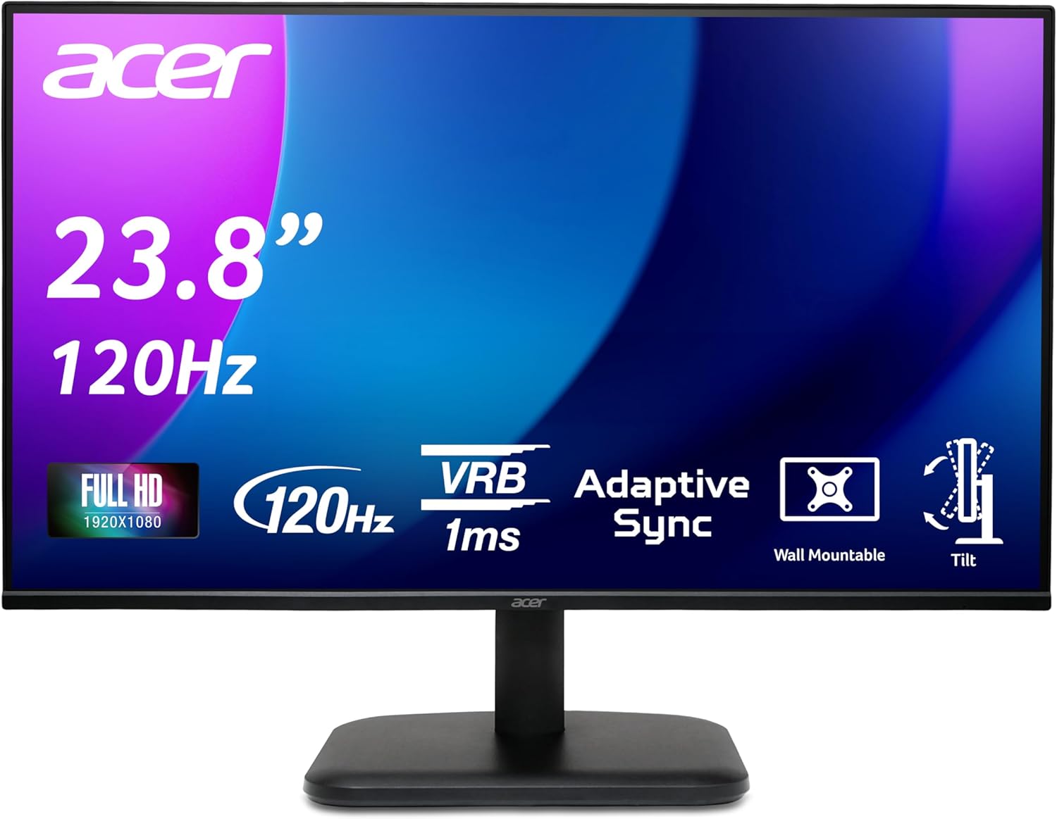 Gaming PC & Gaming Monitors - Acer EK241Y G Monitor 23.8 Inch (60 cm Screen) Full HD, IPS, 120Hz HDMI, 75Hz VGA, 4ms (GTG), HDMI 1.4, VGA, AdaptiveSync