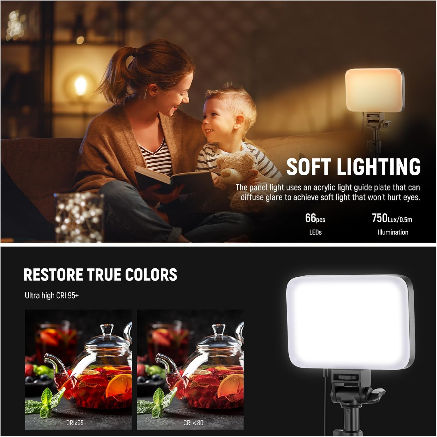 Streaming-Equipment - NEEWER BASICS BP66 LED Video Light Panel Lighting Set Two-Tone Dimmable Portable Studio Lights with Tripod and Filters 3200K ~ 5600K CRI 95 750Lux for Photography Video Recording – Bild 4