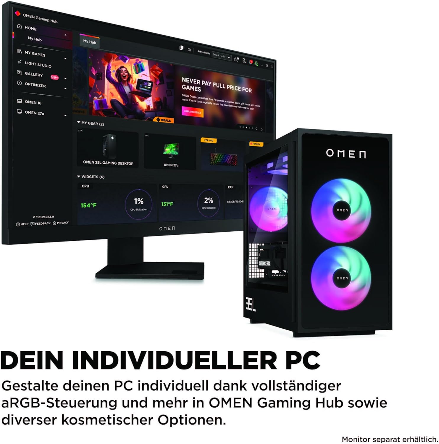 Gaming PC & Laptops - HP Omen GT16-0274ng 35L Gaming Desktop PC, AMD Ryzen 7 8700F, 32GB DDR5-SDRAM, 1TB SSD, NVIDIA GeForce RTX 5070, Tower PC, Windows 11 Home, Black Metal with Glass Bezel – Bild 8