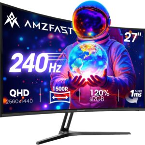 Gaming PC & Gaming Monitors – Amzfast Curved Gaming Monitor 27 Inch – 240Hz, QHD 2560×1440, 1ms MPRT, Adaptive Sync, 1500R Curve HDR10, 90% DCI-P3, HDMI 2.0×2, DP 1.4×2, VESA, Blue Light Filter, AMZG27C1Q Pro