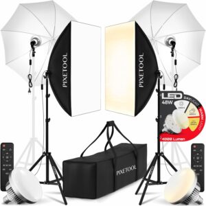 Streaming-Equipment – Photo Studio Set – 2 Softbox Lights, 2 Translucent Umbrellas, 2 LED Bulbs 4800 Lumen 3000-6000K – 50 x 70 cm Softboxes – Photo Light Video Light Photo Lamp – Light Streaming Video Photography Studio Light