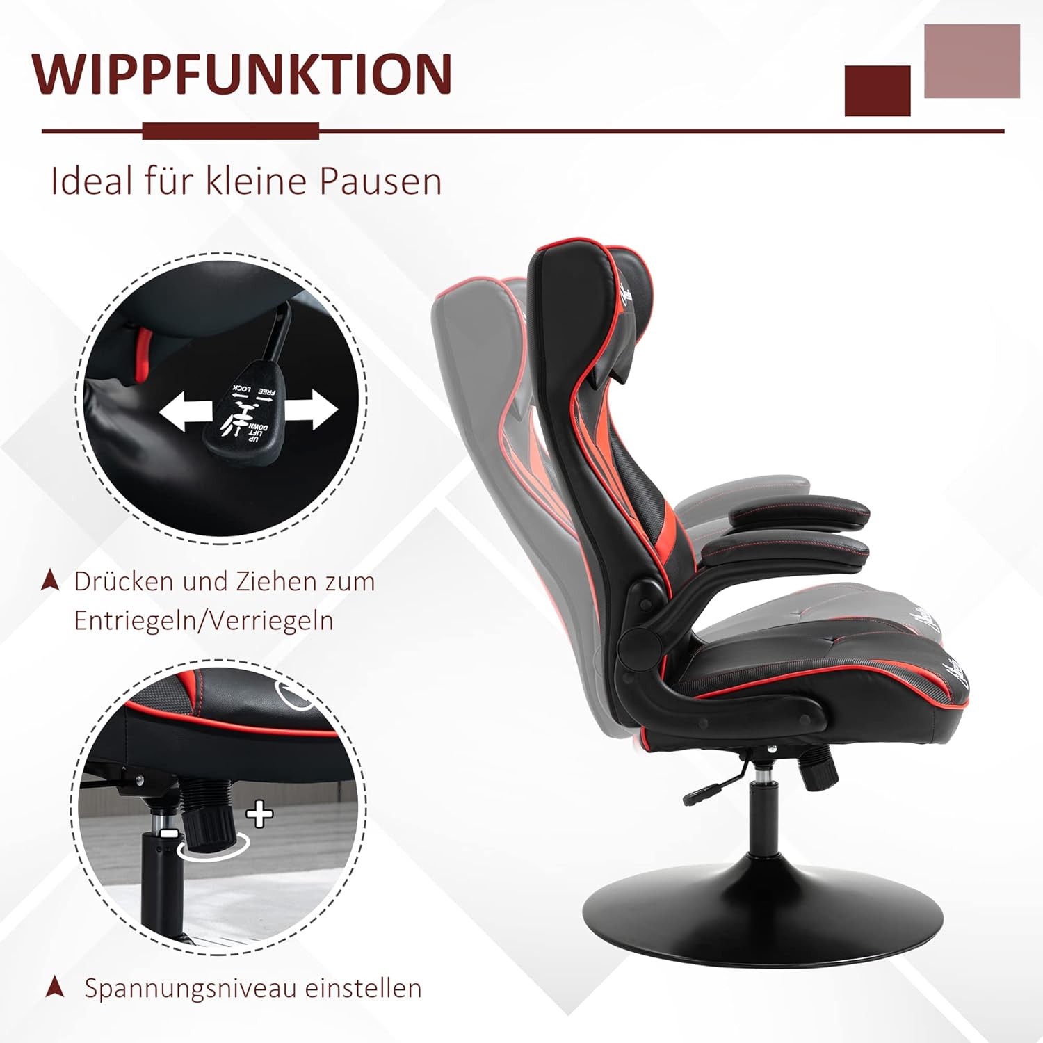 Gaming Chairs - Vinsetto Gaming Chair Ergonomic Gamer Chair with Headrest and Height-Adjustable Gaming Chair Office Chair with Rocker Function Black + Red – Bild 5