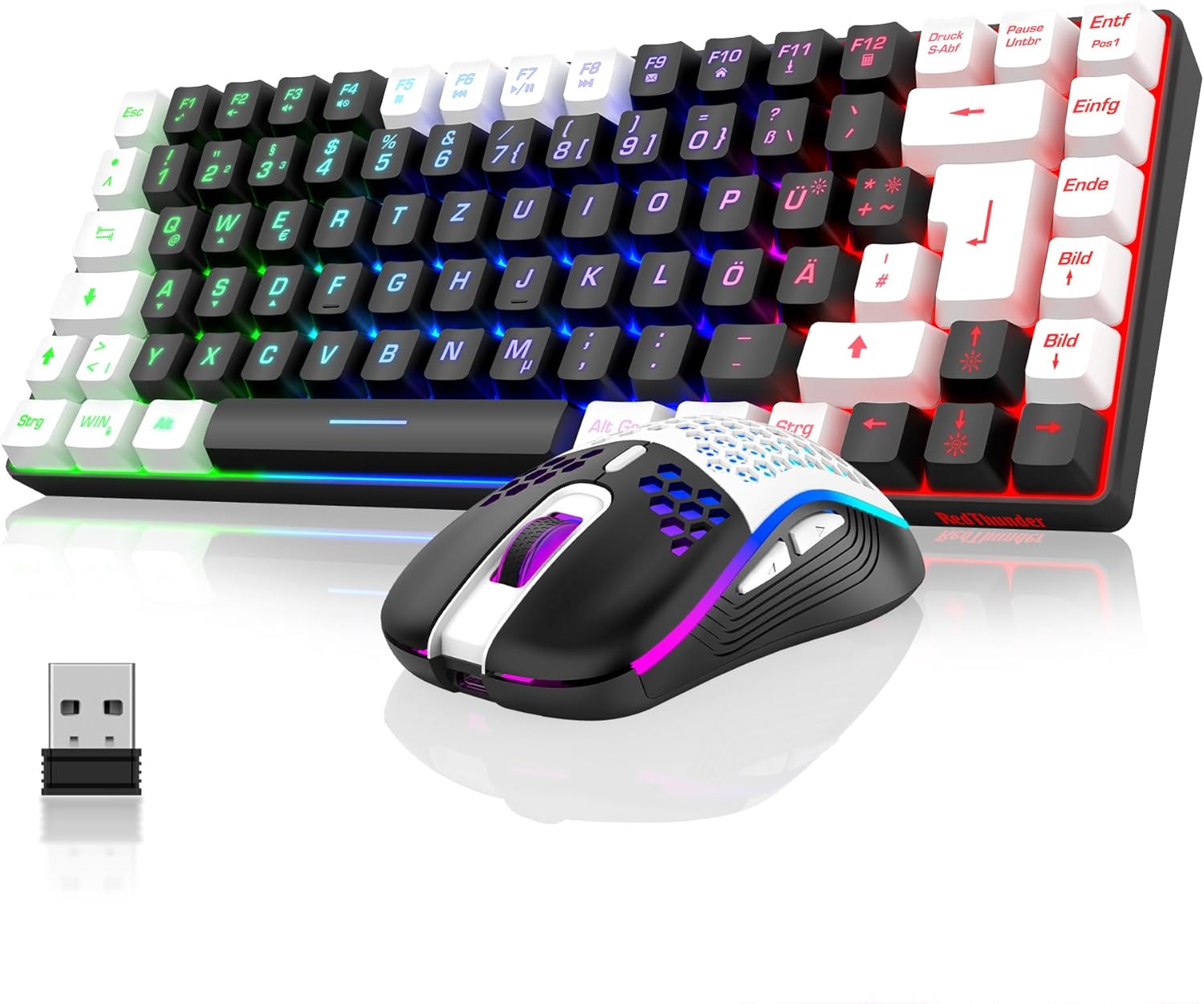 Gaming Tastatur & Maus - RedThunder 75% Wireless Gaming Keyboard and Mouse Set, DE TKL Layout, 85 Keys, Rechargeable Compact, Ultralight 7200DPI Mouse with Honeycomb Construction for PC, Mac, PS5, Xbox Gamer (Black/White)
