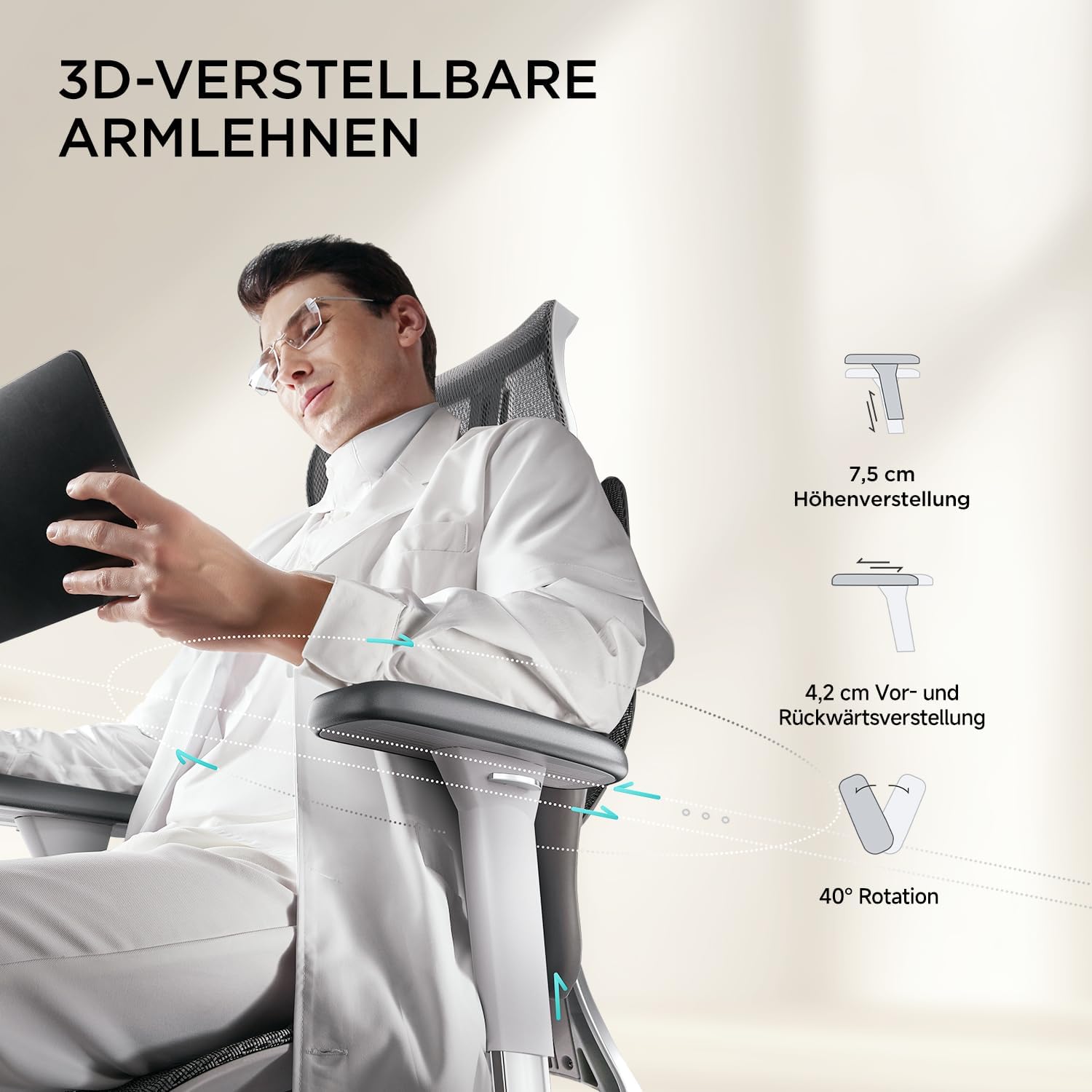Gaming Chairs - Hbada E3 Ergonomischer Bürostuhl, Bürostuhle mit Verstellbarer Hoher Rückenlehne, Lordosenstütze, 3D Kopfstütze, 3D Armlehnen, Netzstuhl, Grau – Bild 4